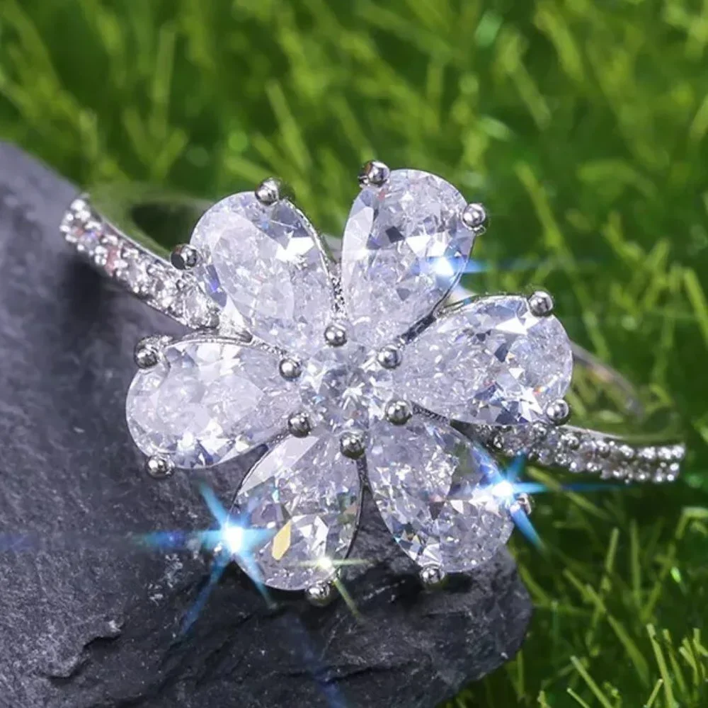 ❤️925 Silver Plated White CZ Pear-shaped Flower Ring, GPMB1446